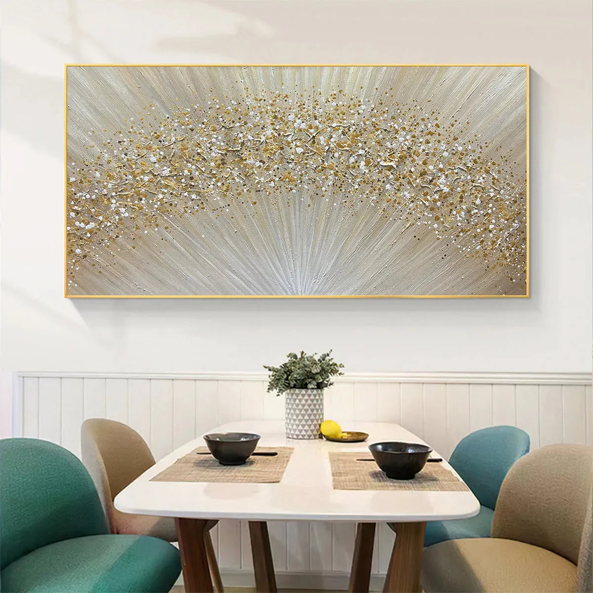 GOLDEN AURORA: Abstract Painting in Gold and Beige, Horizontal Canvas, Modern Wall Art