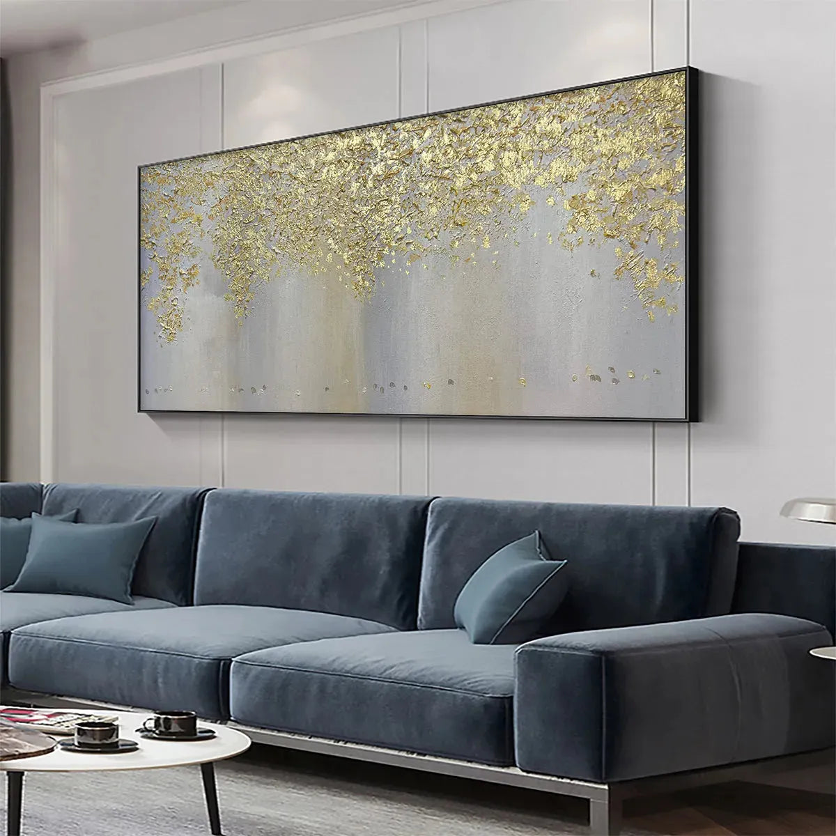 GOLDEN DRIZZLE: Gold Leaf Abstract Painting, Grey and Gold Wall Art, Horizontal Canvas, Modern Decor