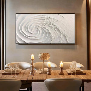 Textured white abstract swirl painting 'WHIRLWIND' by Isabella Rossi, displayed above a dining table in a styled room.