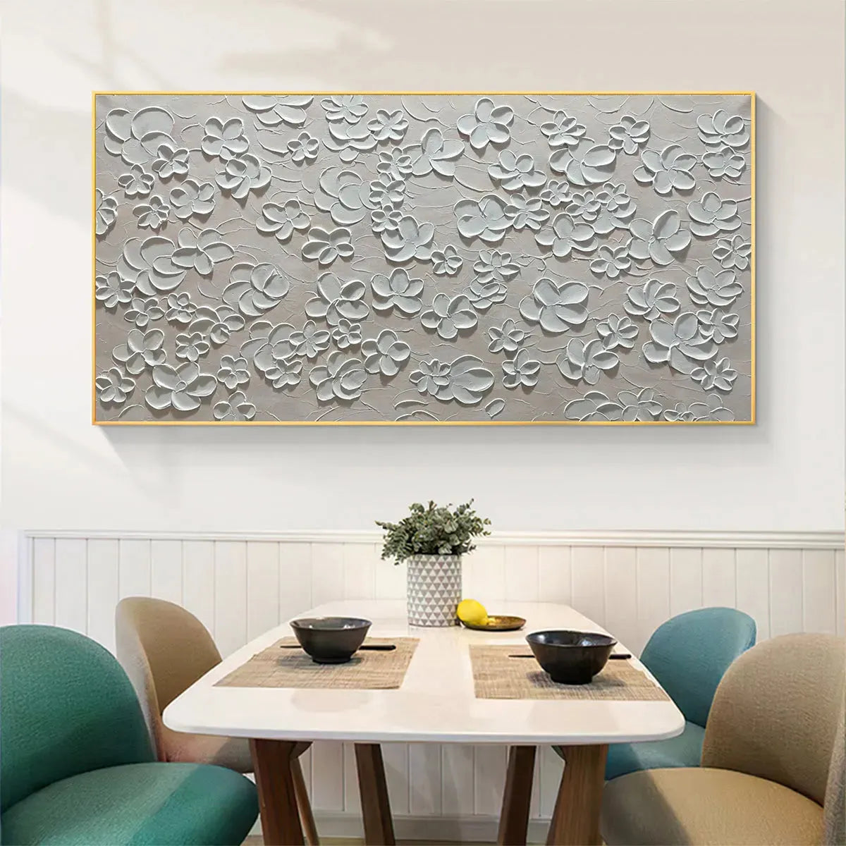 BLANC BLOOM: Textured White Floral Painting, Horizontal Canvas, Minimalist Wall Art