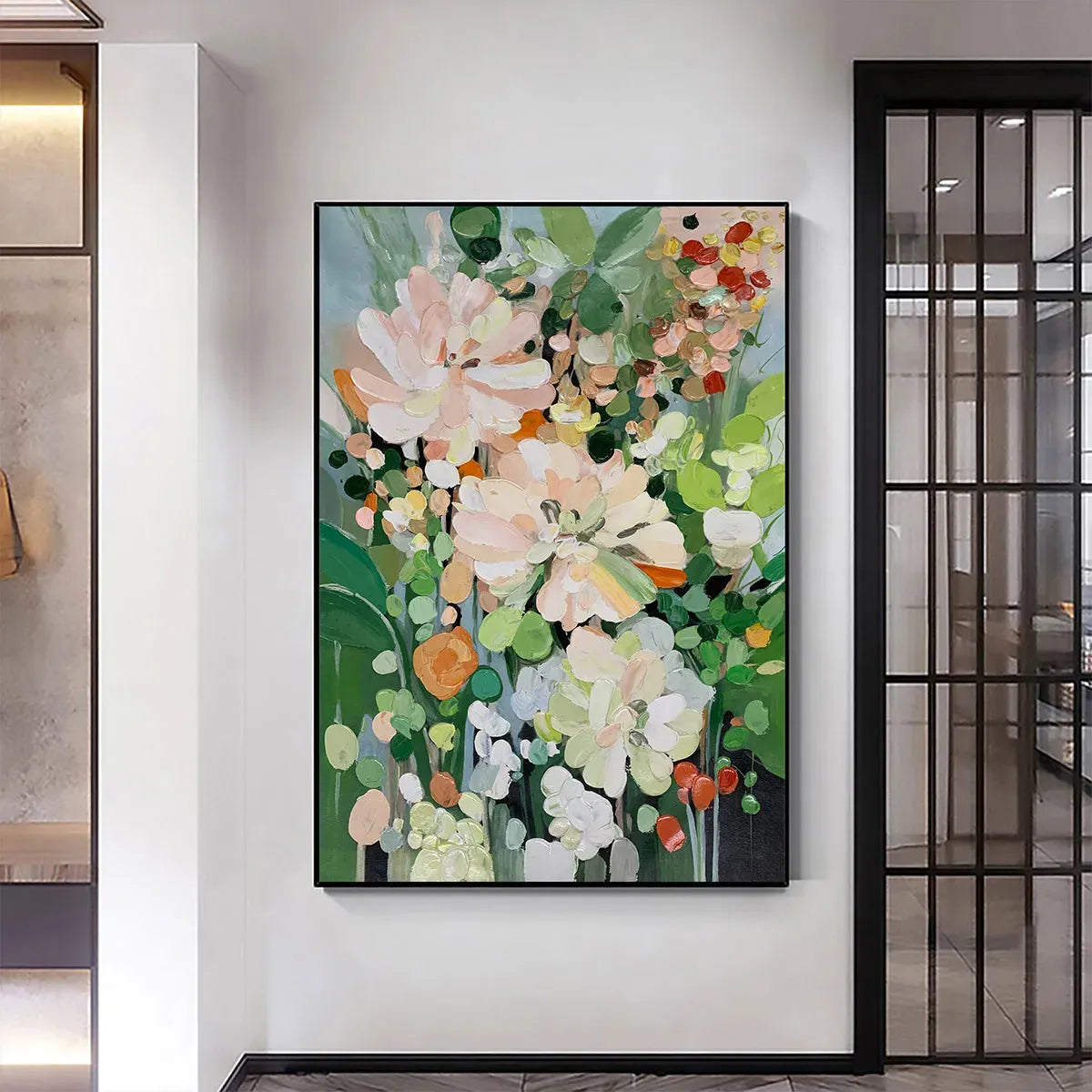 BLUSHING BLOOMS: Textured Floral Painting, Impasto Palette Knife, Vertical Canvas, Modern Floral Wall Art