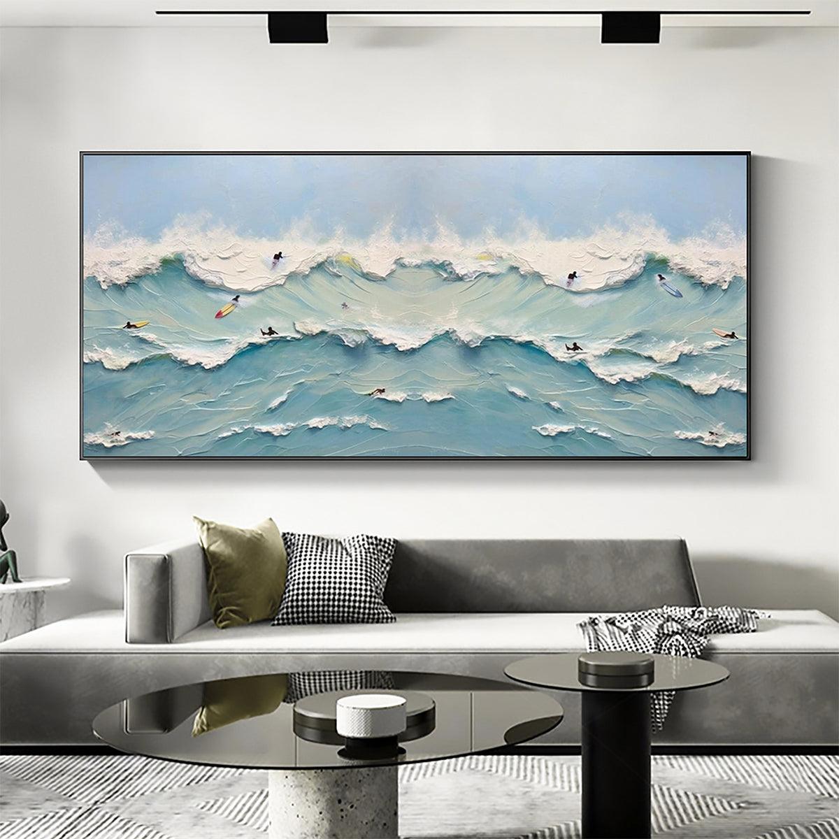 OCEAN'S HEARTBEAT: Panoramic Ocean Wave Painting with Surfers for Living Room