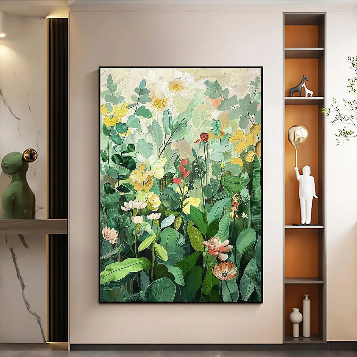 BOTANICAL GARDEN: Vertical Green and Yellow Floral Painting for Living Room