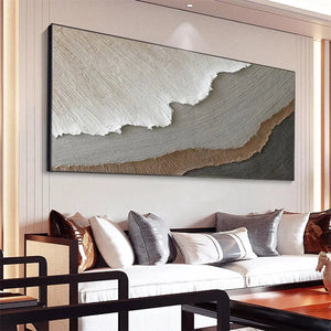 Textured horizontal abstract painting 'Earth Tones' by Liam O'Connell, neutral colors, room integration.