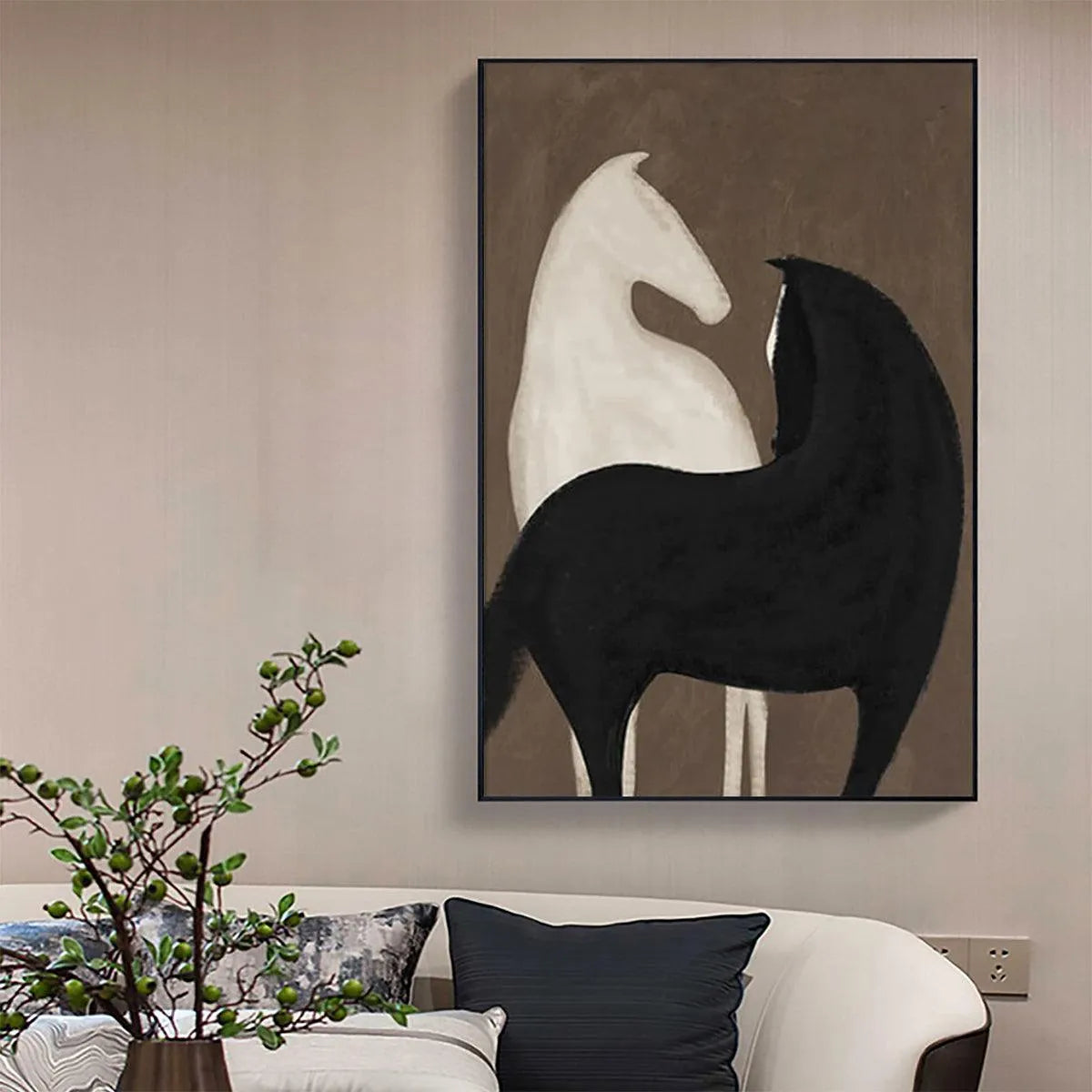 TWO HORSES ON BROWN: Minimalist Horse Painting, Vertical Wall Art