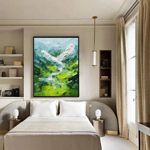 Emerald Valley abstract textured green mountain painting by Willow Davies, impasto artwork in bedroom.