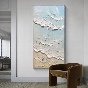 Willow Davies' "Summer Beach" textured painting: beach scene with surfers and swimmers, vertical artwork.