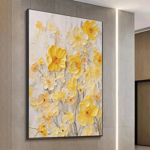 Vertical Golden Sunflowers impasto painting, vibrant yellow 3D blossoms, black frame, perfect for modern home decor.