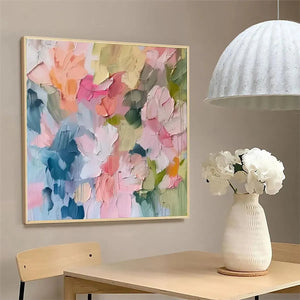 PASTEL DREAM abstract floral painting in soft pastel colors, textured impasto strokes, gold frame in living room.