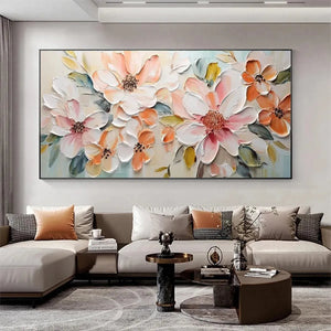 PEACH BLOSSOM: Textured impasto painting of peach and white floral blooms by Isabella Rossi, showcasing thick brushstrokes.