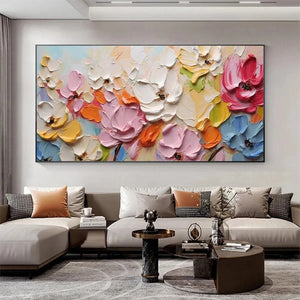 Spring Bouquet impasto floral painting by Isabella Rossi, showing thick pastel rainbow flowers in a living room setting.