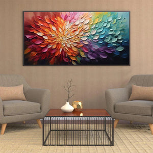 Horizontal impasto floral painting of textured rainbow petals in a living room lifestyle setting.