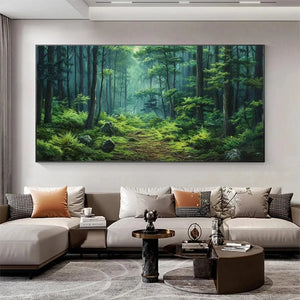 Liam O'Connell's "Forest Path" painting: lush green trail, dappled sunlight, mossy ground. Shown above a sofa for scale.