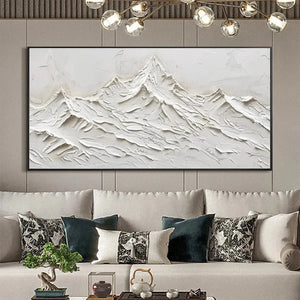 Textured white impasto mountain abstract painting by Javier Ramirez, horizontal minimalist wall art for living room.
