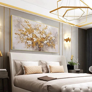 Golden Garden white and gold floral impasto wall art above a bed.