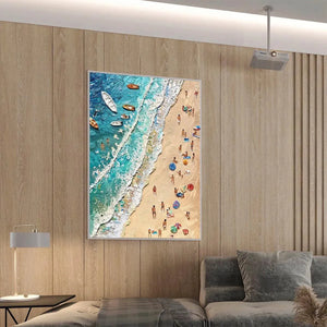 Sun-Kissed Shores painting by Isabella Rossi: Textured beach scene artwork with figures, boats, and umbrellas.