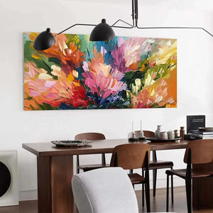 Vibrant impasto floral 'Summer Bouquet' painting by Elodie Dubois in modern dining room.