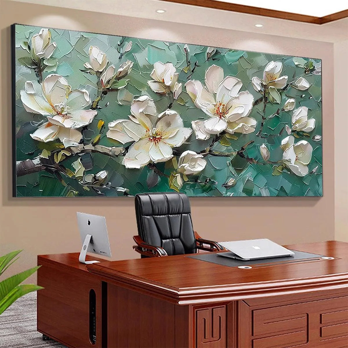 JADE MAGNOLIAS: White Magnolia Impasto Painting for Living Room