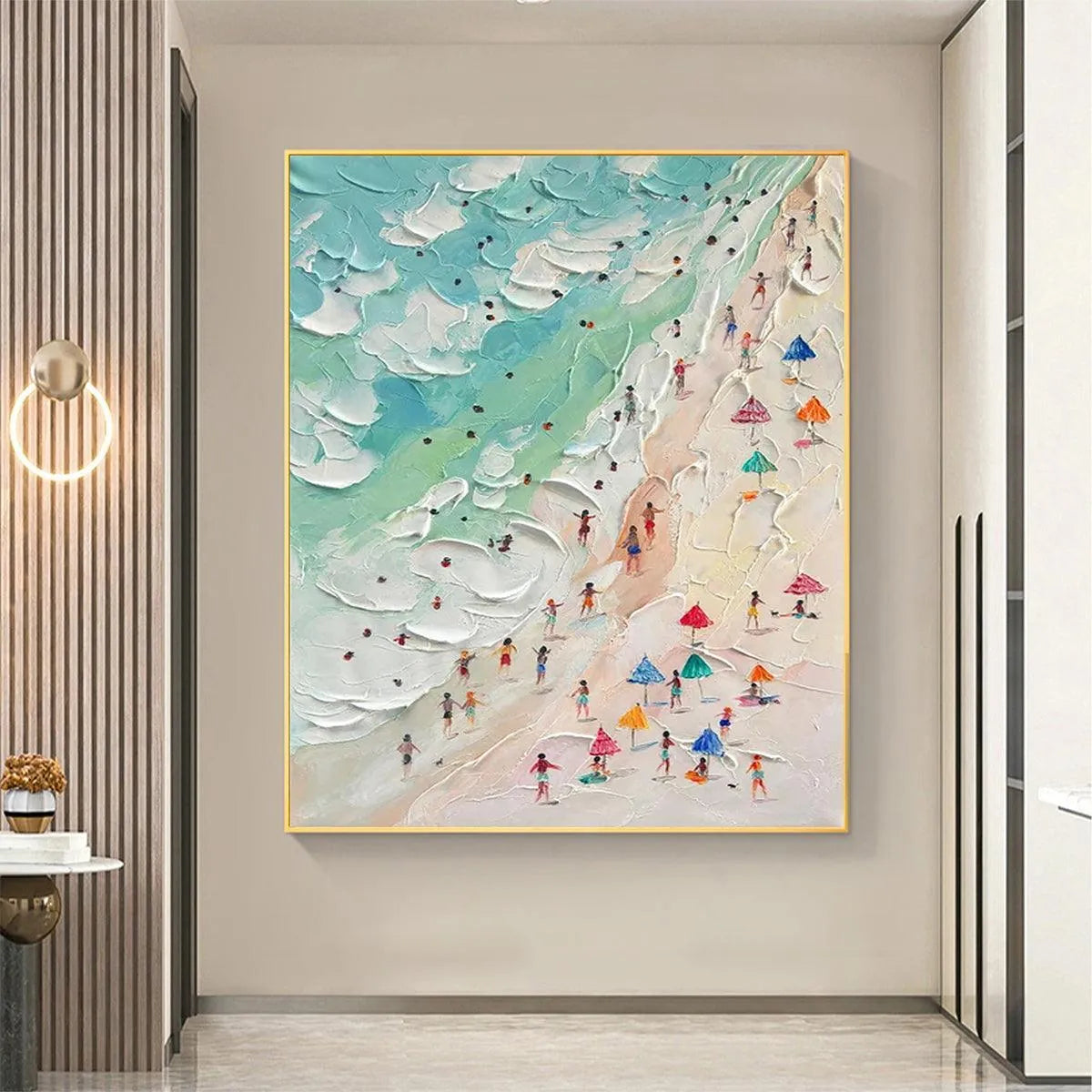 BEACH DAY: Textured Beach Scene Painting with Colorful Umbrellas