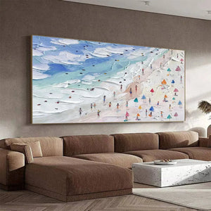 Beach Day Vibes horizontal wall art by Liam O'Connell: Textured beach scene with figures and colorful umbrellas.