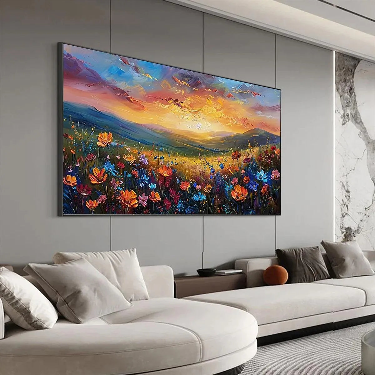 SUNSET SERENADE: Textured Floral Landscape Painting, Impasto Wall Art, Horizontal Canvas, Sunset Decor