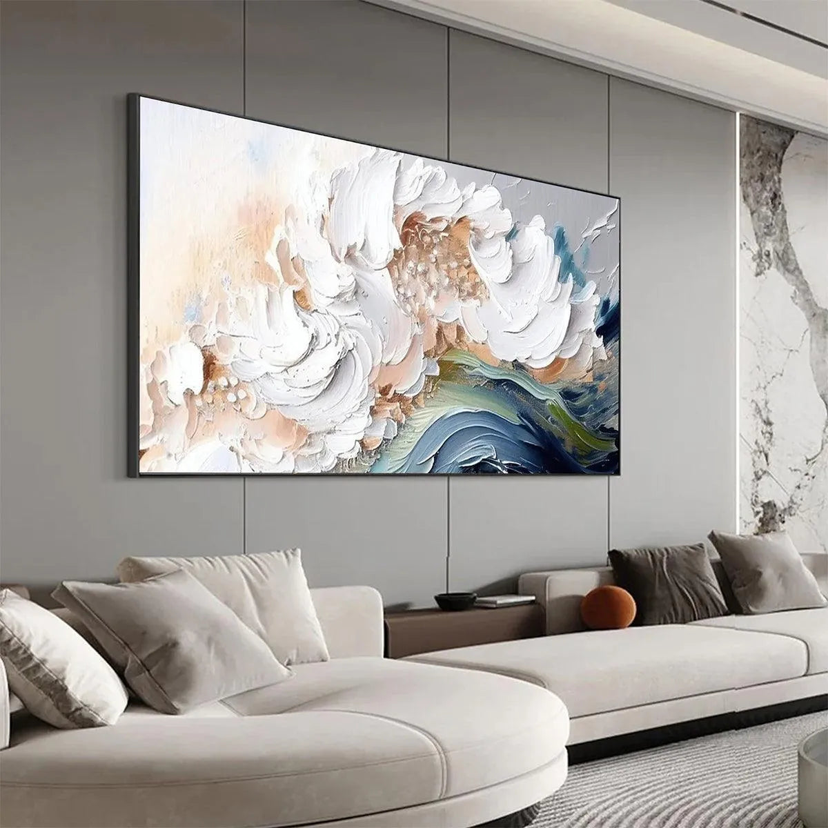 OCEAN WHISPERS: Textured Abstract Seascape Painting, White and Blue Wall Art, Panoramic Canvas, Coastal Decor