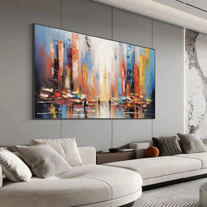 Colorful City Market cityscape by Javier Ramirez, displayed prominently in a modern minimalist living room.