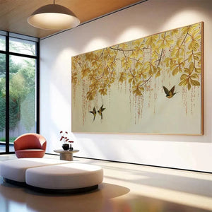 Golden Garden painting by Chen Liu: golden leaves and birds, Asian art for home decor. Modern living room.