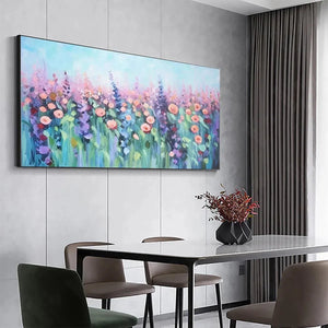 Large impressionistic 'Pastel Meadow' floral painting by Elodie Dubois in a modern dining room.