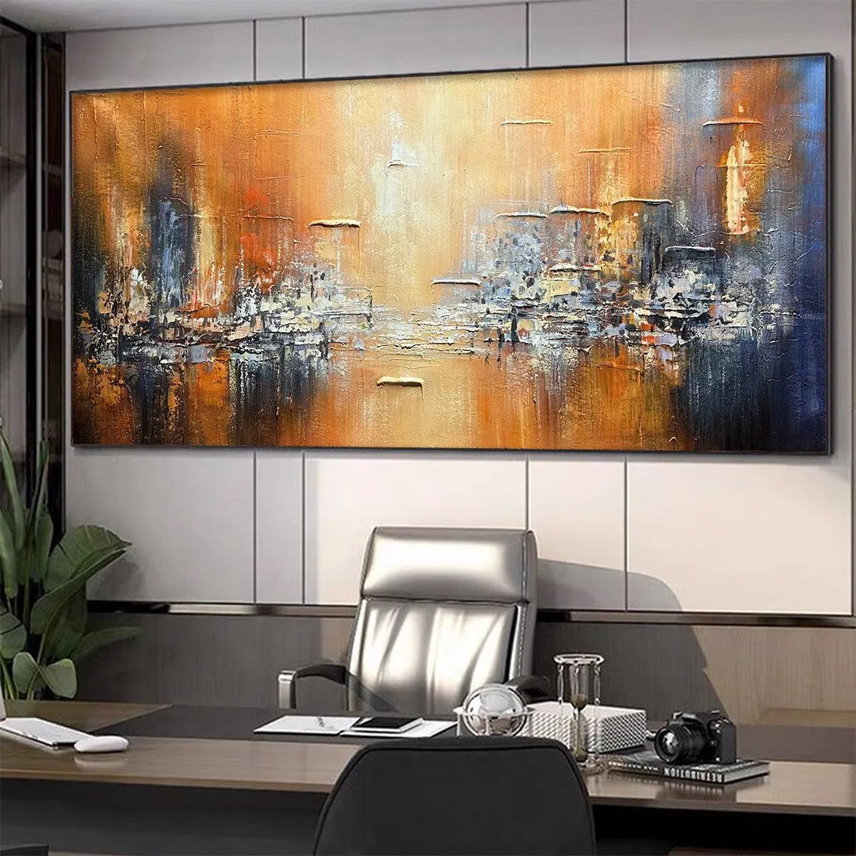 GOLDEN CITY: Textured Abstract Cityscape Painting in Orange and Blue