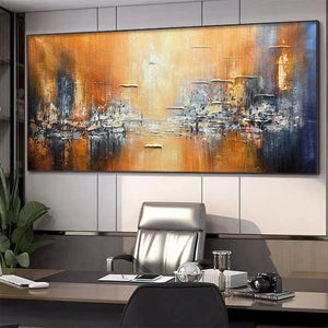 Golden City textured impasto cityscape painting by Isabella Rossi, orange, blue, gold abstract art above office desk.