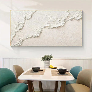 Horizontal impasto seascape painting, White Crest, textured white abstract waves, framed in gold, lifestyle setting.