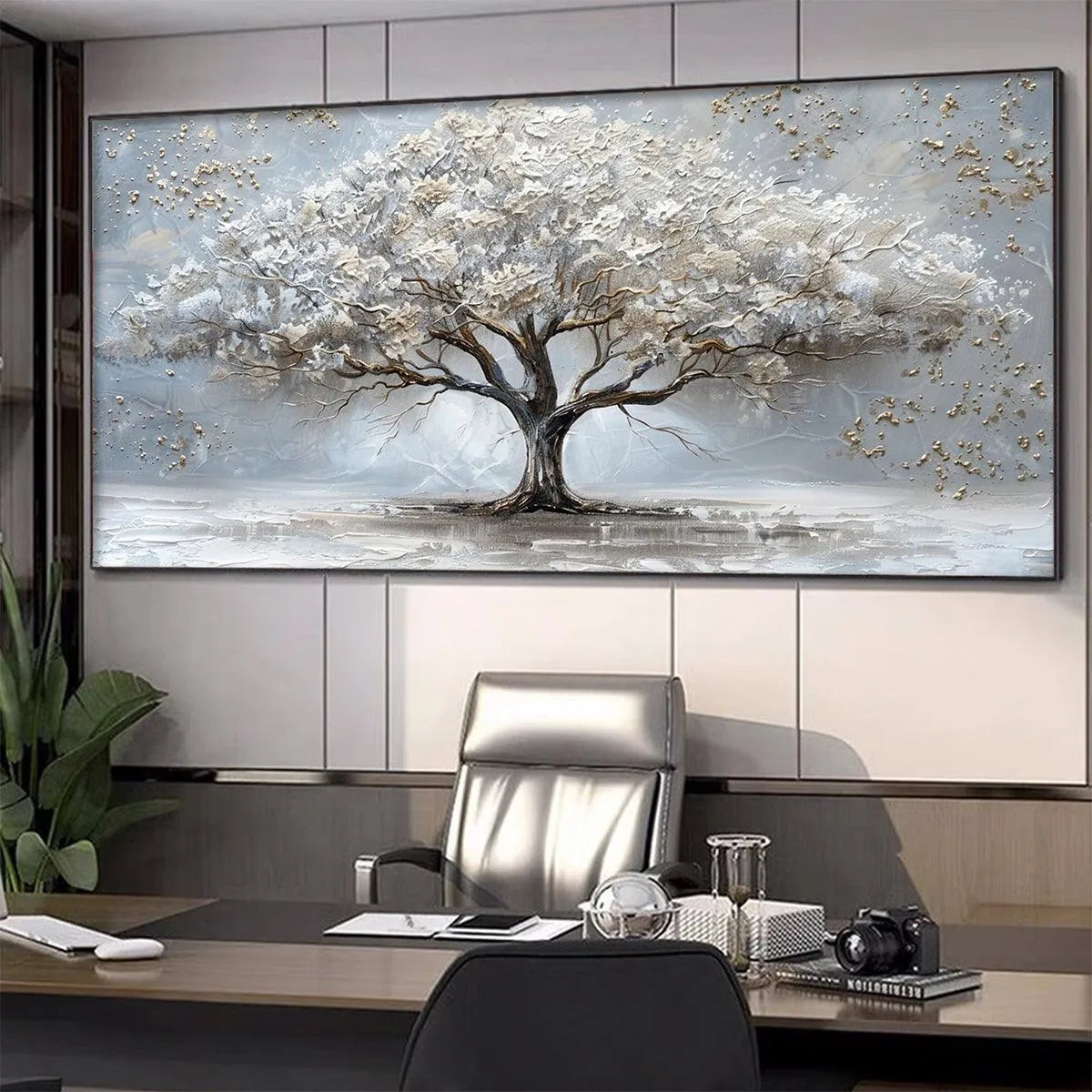 SILVER LINING: Textured White and Gold Tree Painting on Grey Background