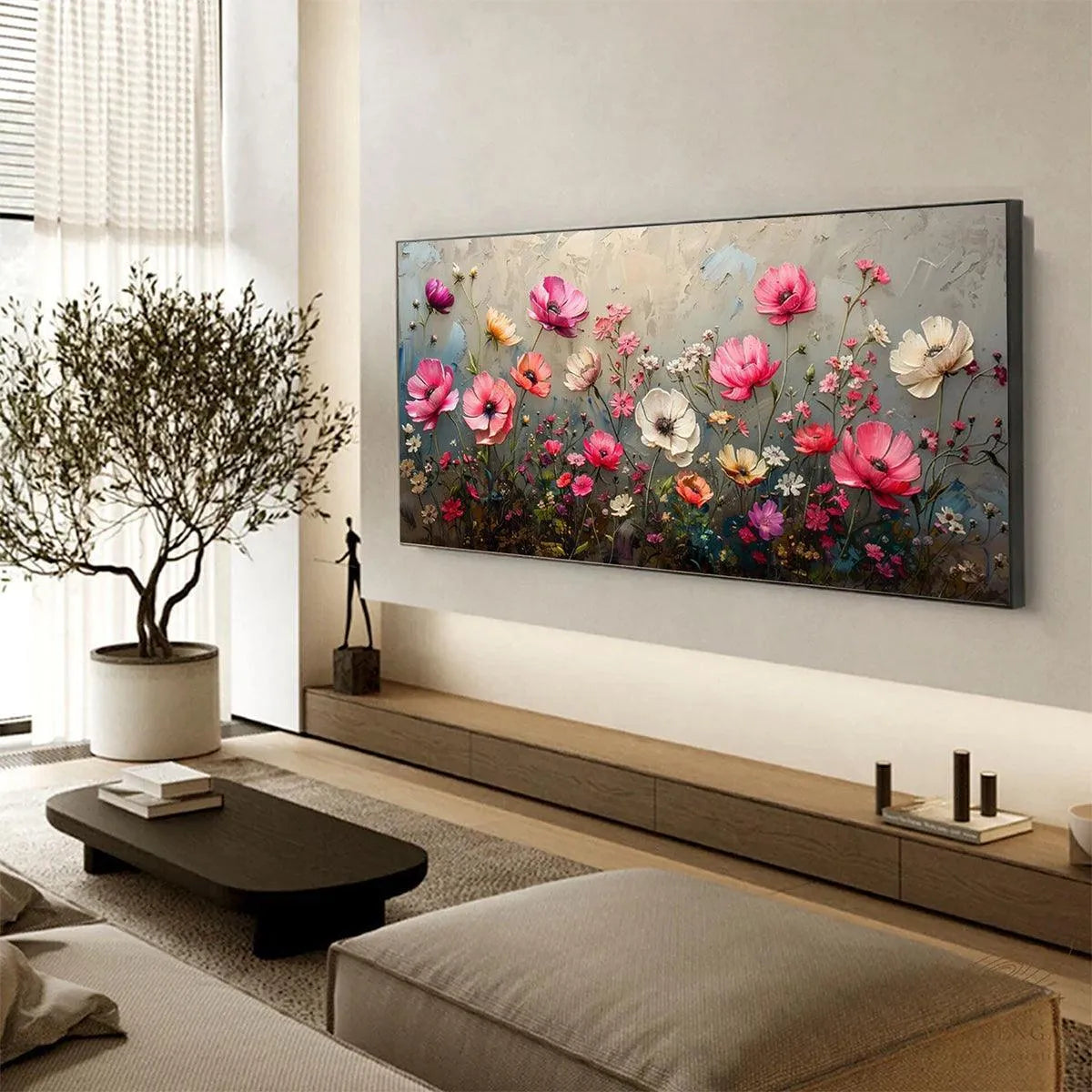 SUMMER BLOOM: Textured Pink and White Floral Painting on Grey Background