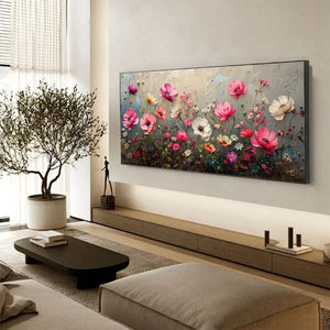 SUMMER BLOOM: Pink and white floral impasto painting on grey background, shown in a living room setting.