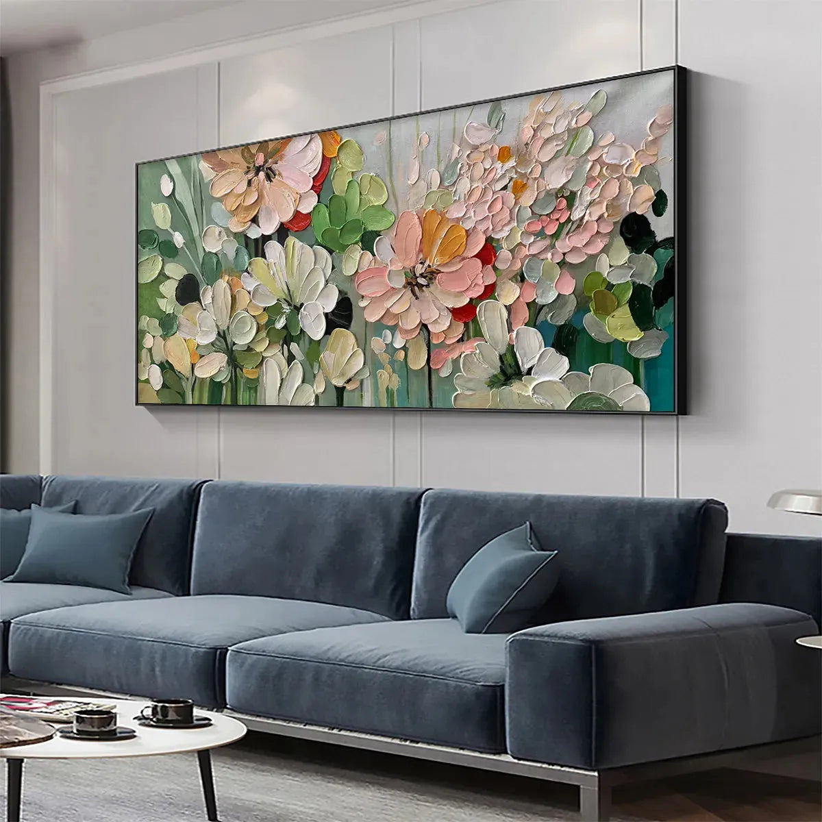 GARDEN DELIGHT: Textured Floral Painting, Impasto Palette Knife, Horizontal Canvas, Garden Wall Art