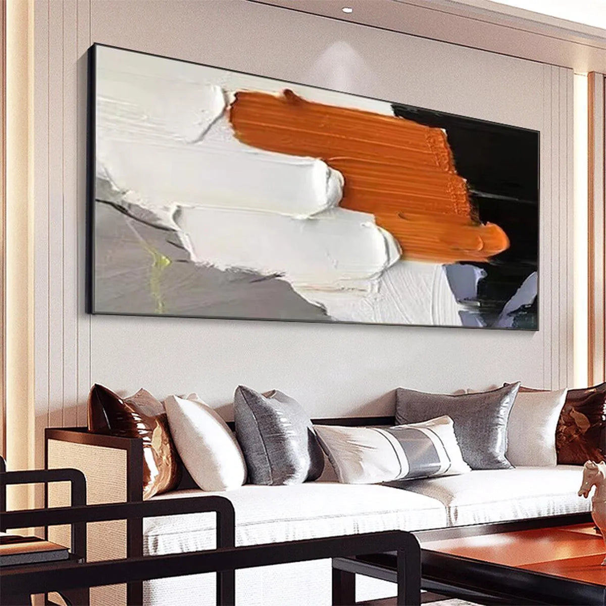 ORANGE BURST: Textured Abstract Painting in Orange, White, and Black for Living Room