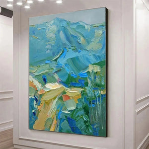 Blue Ridge Mountains impasto painting by Isabella Rossi, vibrant blues and greens with thick textured brushstrokes.