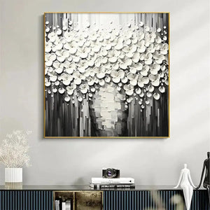 Textured impasto painting of white flowers in a vase against a grey background. Product image by Liam O'Connell.