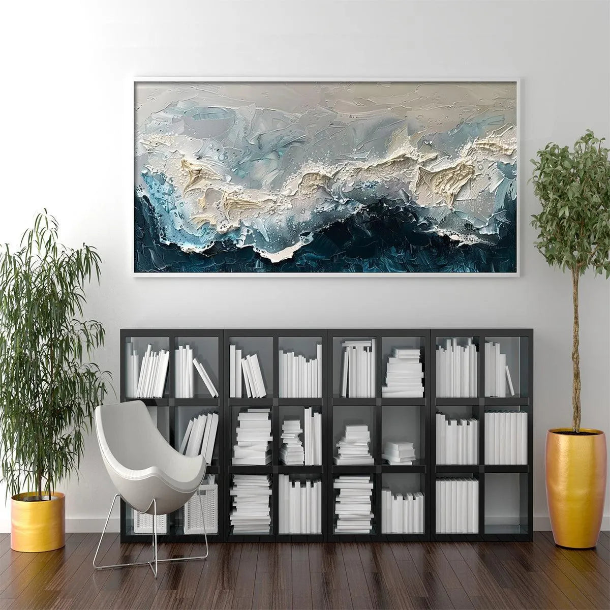 FROZEN MOTION: Textured Abstract Waterscape Painting in Teal and White