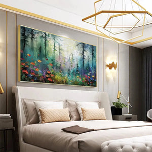 Elodie Dubois' 'Whispering Woods' impressionistic artwork with wildflowers enhancing modern bedroom.