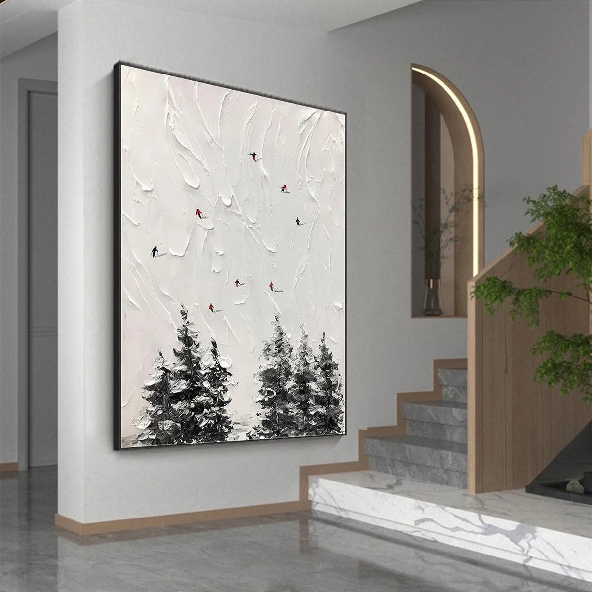 ALPINE SKI: Textured Minimalist Ski Scene Painting in Black and White