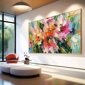 Blushing Blooms textured impasto floral oil painting in pink orange displayed in modern living room with natural light.