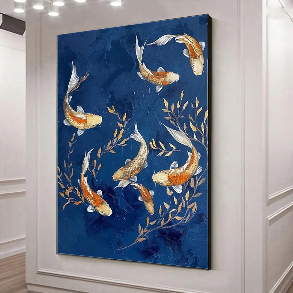 GOLDEN KOI: Vertical Koi Fish Painting on Blue Background