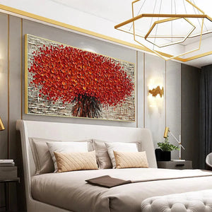 Isabella Rossi's "Crimson Burst" red impasto floral art with gold frame above a bed in modern elegant bedroom.