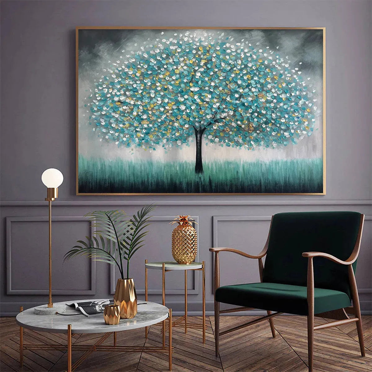 TEAL DREAM: Textured Tree Painting in Teal and Grey, Horizontal Canvas, Modern Wall Art