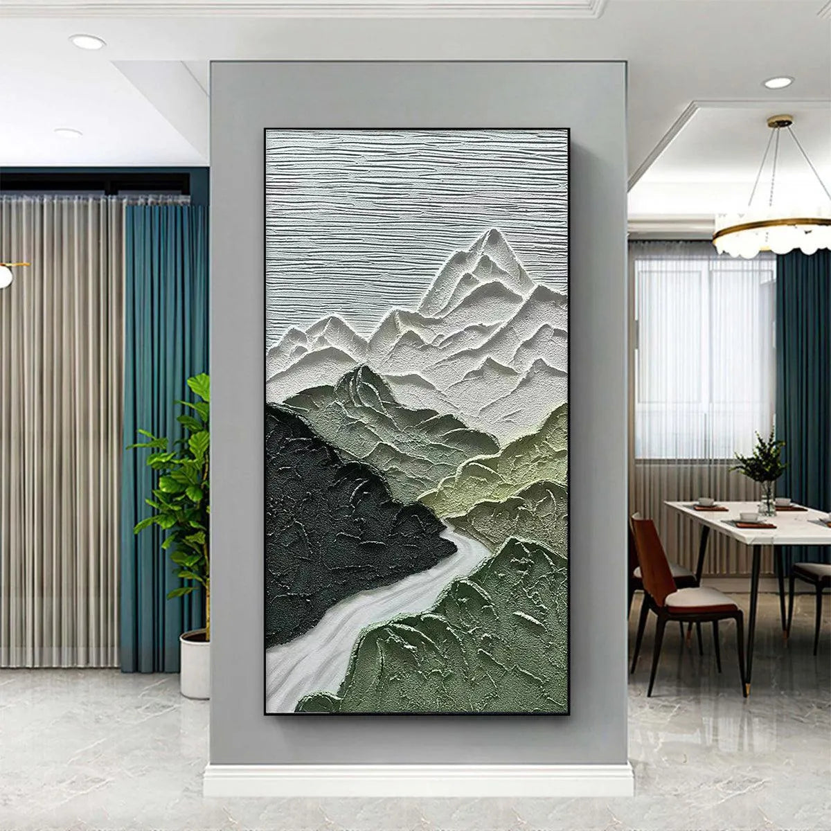 JADE PEAK: Textured Green and White Mountain Landscape Painting