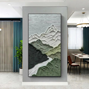 Jade Peak textured painting: Impasto green and white mountain landscape with river, displayed in modern dining room.