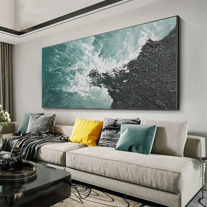 TURQUOISE CRASH painting by Liam O'Connell, teal and black textured seascape, framed artwork in a living room.