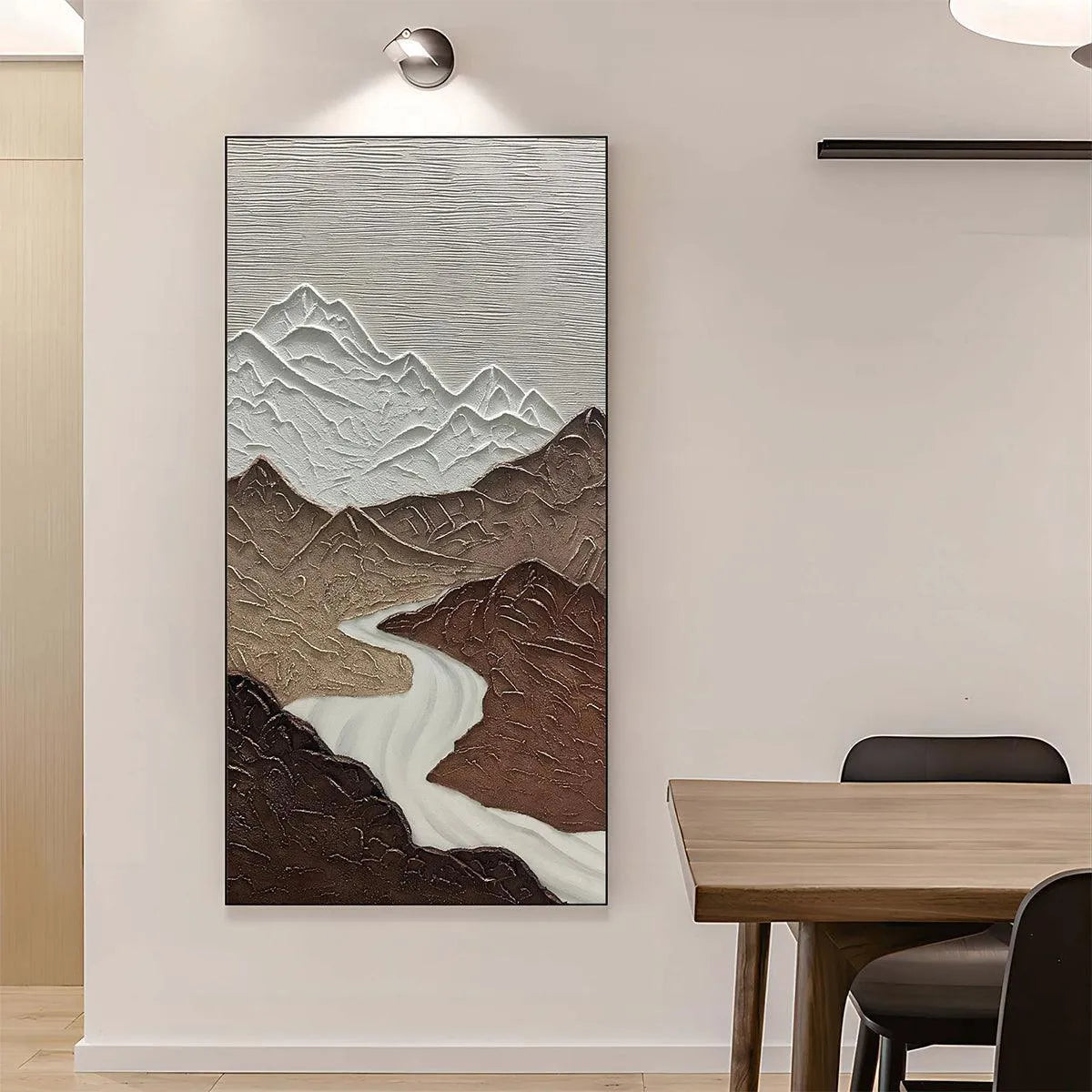 EARTH RIVER: Textured Brown and White Mountain River Landscape Painting